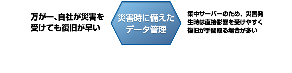 災害時に備えたデータ管理：仁王バックアップサービス＞万が一、自社が災害を受けても復旧が早い－クラウド型＞集中サーバーのため、災害発生時は直接影響を受けやすく復旧が手間取る場合が多い